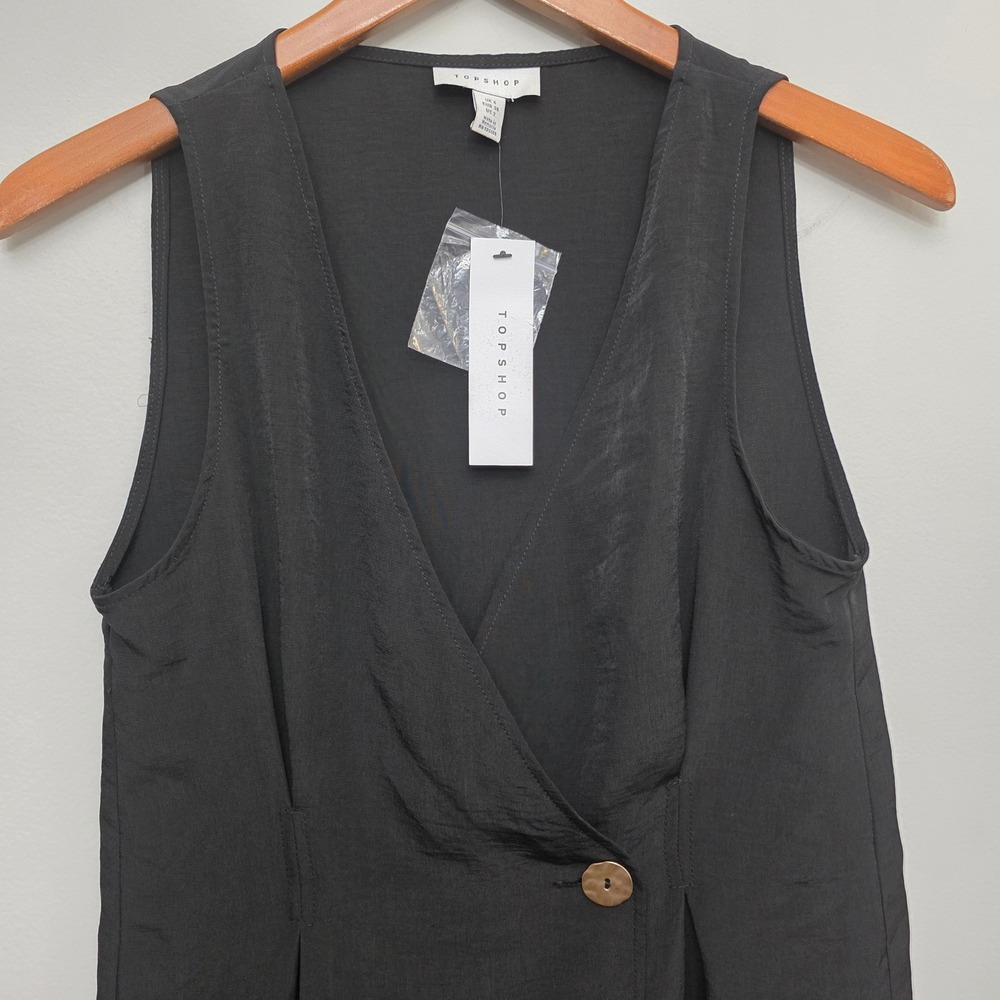 Topshop Black Midi Dress Sleeveless Button Front Collared Size 2 Casual - Picture 2 of 8